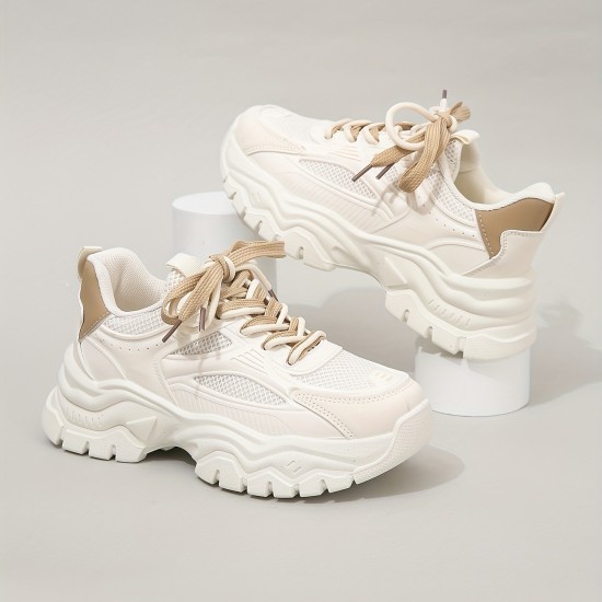 Women's Platform Mesh Sneakers, Lace Up Low-top Round Toe Heightening Outdoor Shoes, Versatile Comfy Sporty Shoes Women's Platform Mesh Sneakers, Lace Up Low-top Round Toe Heightening Outdoor Shoes, Versatile Comfy Sporty Shoes