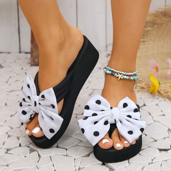 Women's Polka Dot Print Bowknot Flip Flops, Slip On Platform Comfy Summer Slides, Vacation Beach Non-slip Wedge Slides Women's Polka Dot Print Bowknot Flip Flops, Slip On Platform Comfy Summer Slides, Vacation Beach Non-slip Wedge Slides