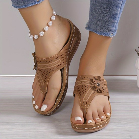 Women's Floral Decor Thong Sandals, Slip On Soft Sole Platform Casual Slides, Non-slip Wedge Retro Slides Women's Floral Decor Thong Sandals, Slip On Soft Sole Platform Casual Slides, Non-slip Wedge Retro Slides