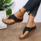 Women's Wedge Flip Flops, Rhinestone Decor Slip On Slide Sandals, Comfy Outdoor Slide Shoes With Arch Support