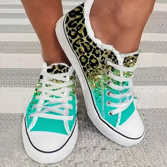 Women's Rhinestone & Leopard Decor Canvas Shoes, Low Top Lace Up Slip-on Shoes, Casual & Lightweight Shoes Women's Rhinestone & Leopard Decor Canvas Shoes, Low Top Lace Up Slip-on Shoes, Casual & Lightweight Shoes