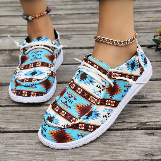 Women's Geometric Pattern Canvas Shoes, Casual Lace Up Outdoor Shoes, Lightweight Low Top Sneakers Women's Geometric Pattern Canvas Shoes, Casual Lace Up Outdoor Shoes, Lightweight Low Top Sneakers