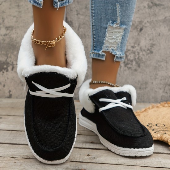 Women's Fluffy Fleece Lined Canvas Shoes, Thermal Slip On Low Top Shoes, Winter Warm Flat Shoes Women's Fluffy Fleece Lined Canvas Shoes, Thermal Slip On Low Top Shoes, Winter Warm Flat Shoes