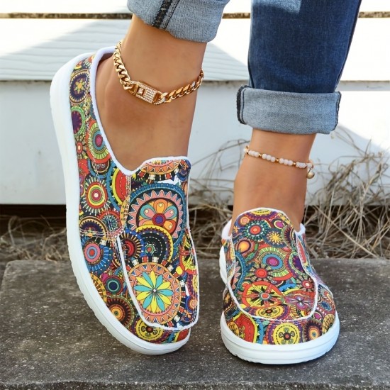 Women's Floral Print Canvas Shoes, Slip-on Round Toe Lightweight Casual Shoes, Women's Comfy Walking Flat Shoes Women's Floral Print Canvas Shoes, Slip-on Round Toe Lightweight Casual Shoes, Women's Comfy Walking Flat Shoes